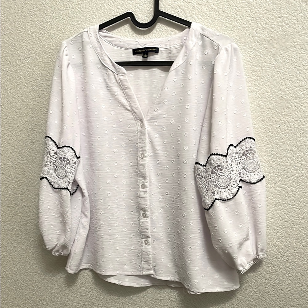 White 3/4 Sleeve Blouse with Mandarin Collar